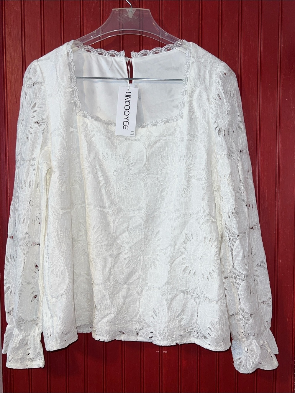 White Lace Long-Sleeve Square Neck Blouse